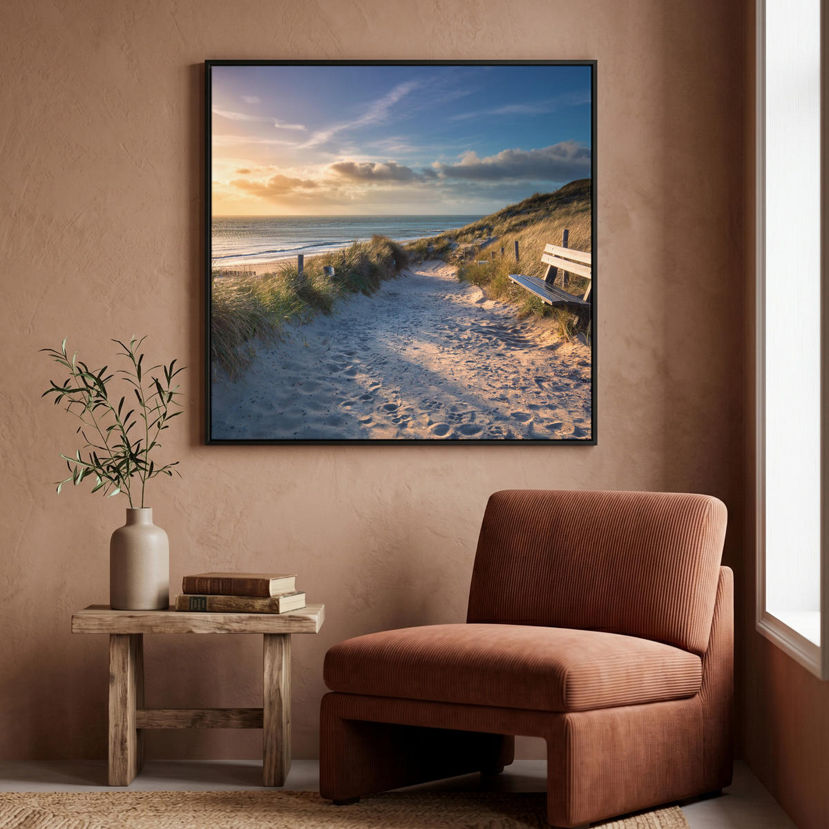 LEINWAND Bilder mit Rahmen - Sonnenuntergang - Strand - Düne - Gras - Ufer - 90x90 - Sandfarben, Textil (90/90cm) - MuchoWow