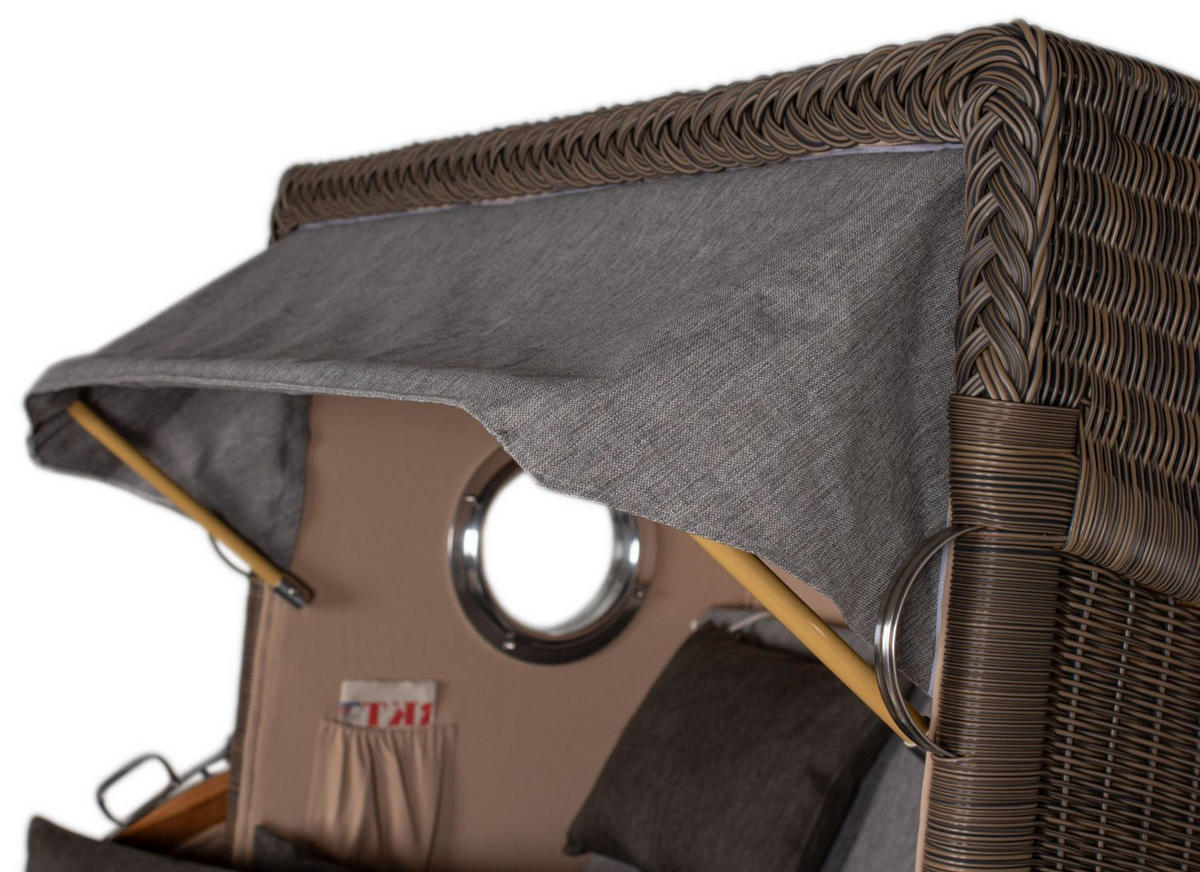 STRANDKORB Komplettset: Ammersee Grande XL Teak Bullauge - PE grau - Modell 570 - Anthrazit/Grau, Holz/Kunststoff (142/165/95cm) - bene living