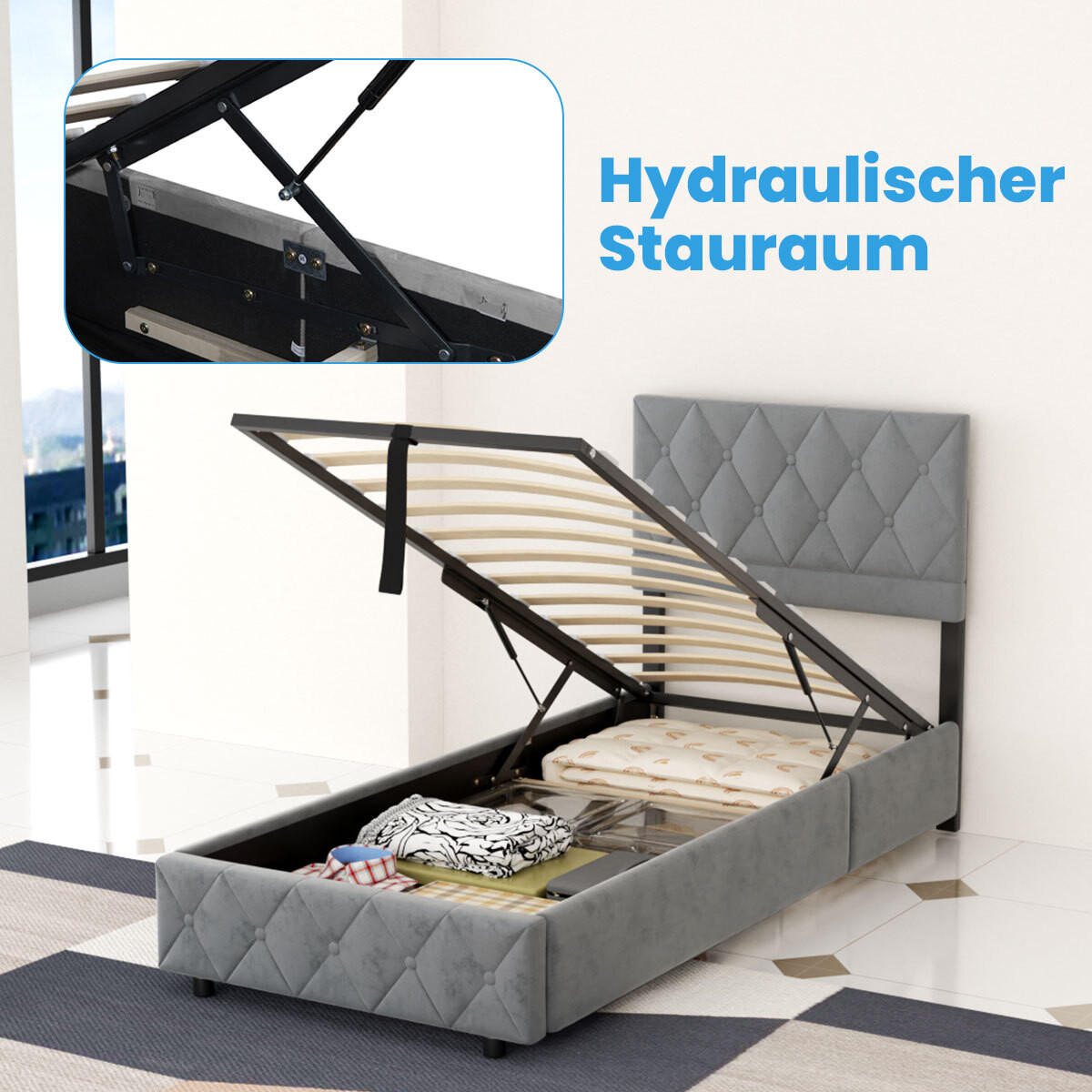 POLSTERBETT 90/200 cm in Grau Samt mit Bettkasten, hydraulischem Doppelhub-System und Lattenrost - Grau, Holzwerkstoff/Textil (90/200cm) - CHICFURN