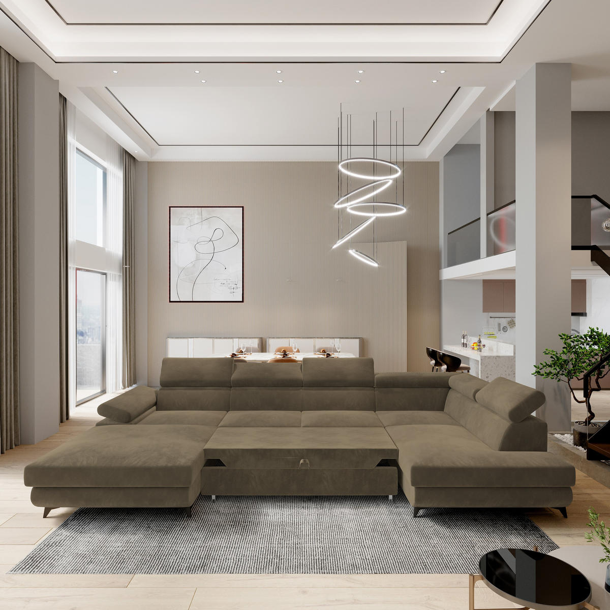 WOHNLANDSCHAFT RUBANO R-S Beige Velours-Stoff mit Schlaffunktion - Beige, Holz (339/89/190cm) - MASSENO