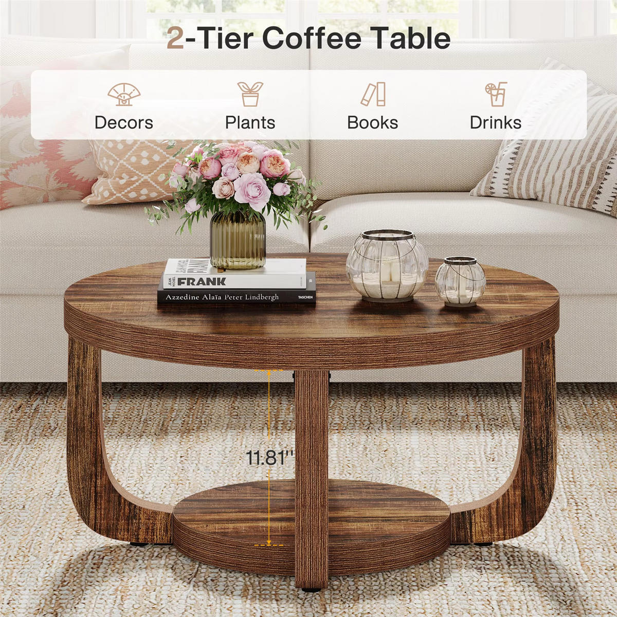 COUCHTISCH Rund 80 cm 2 Ebenen Stauraum - Braun, Holz (80/80/41cm) - Bomclap