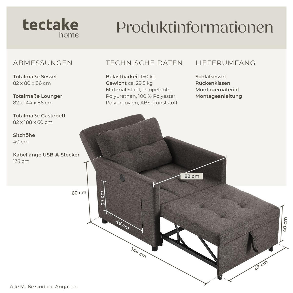 SCHLAFSESSEL Toyama, 82 x 80 x 86 cm, Belastbarkeit 150 kg, dunkelgrau - Dunkelgrau, Textil (82/86/144cm) - tectake