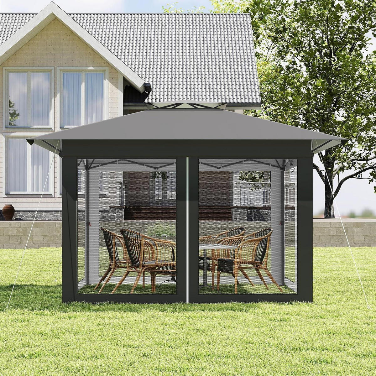 GARTENPAVILLON 400 x 400 cm Anthrazit Höhenverstellbar mit Moskitonetz - Anthrazit, Metall (300/285/400cm)