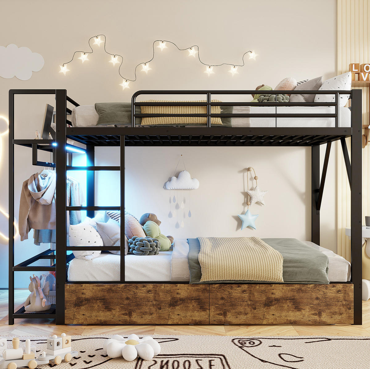 ETAGENBETT 140/200 cm aus Metall mit LED-Lichtleiste, Schubladen, Schwarz - Schwarz, Metall (140/200cm) - OKMYHOME