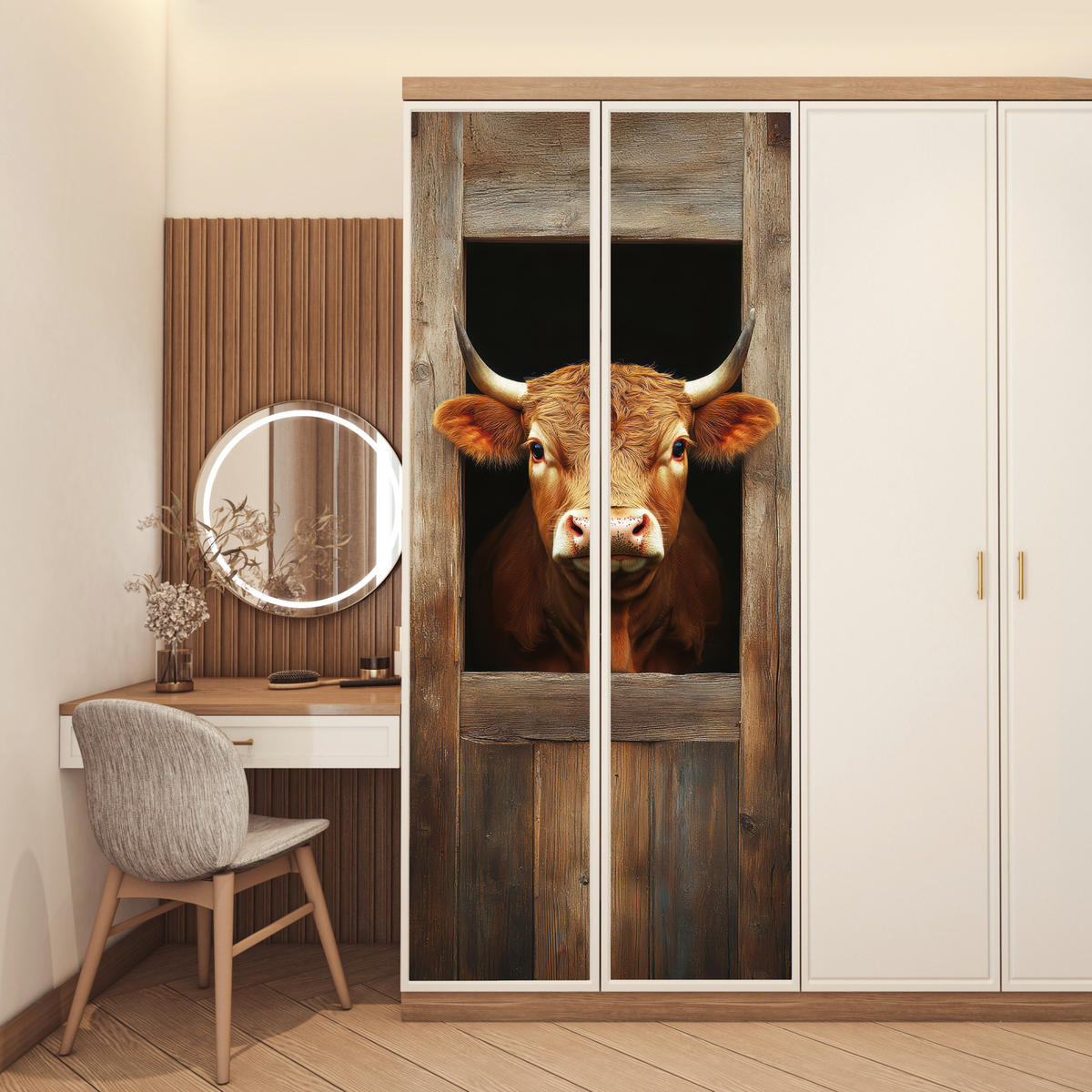 FOTOTAPETE Tür - Kuh - Fenster - Holz - Tiere 95x235 cm - Wengefarben, Kunststoff (95/0.1cm) - MuchoWow