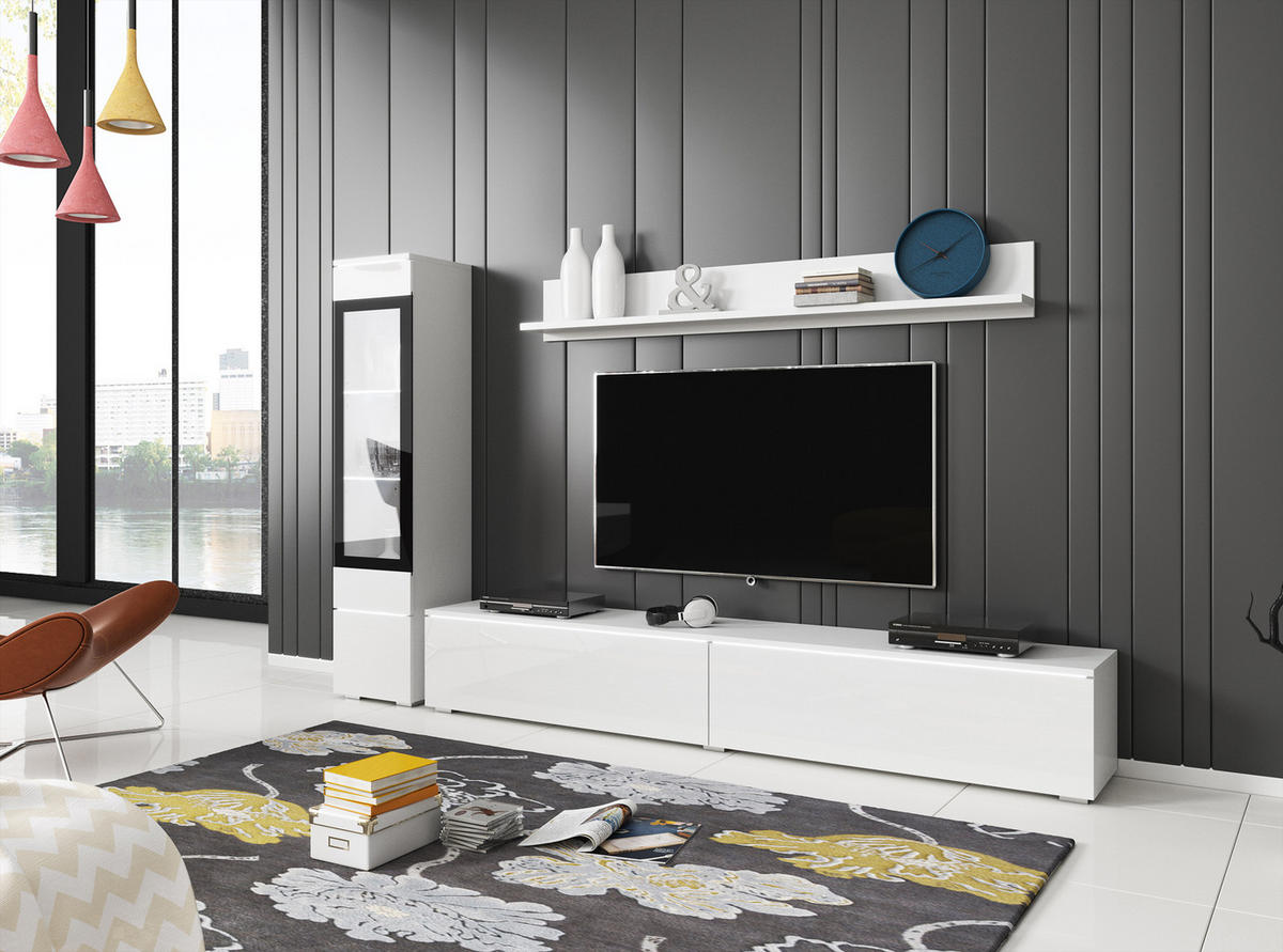 WOHNWAND Vera weiß / weiß Hochglanz lackiert 3-teilig - Weiß Hochglanz/Schwarz, Holz/Holzwerkstoff (210/130/33cm) - Feldmann-Wohnen