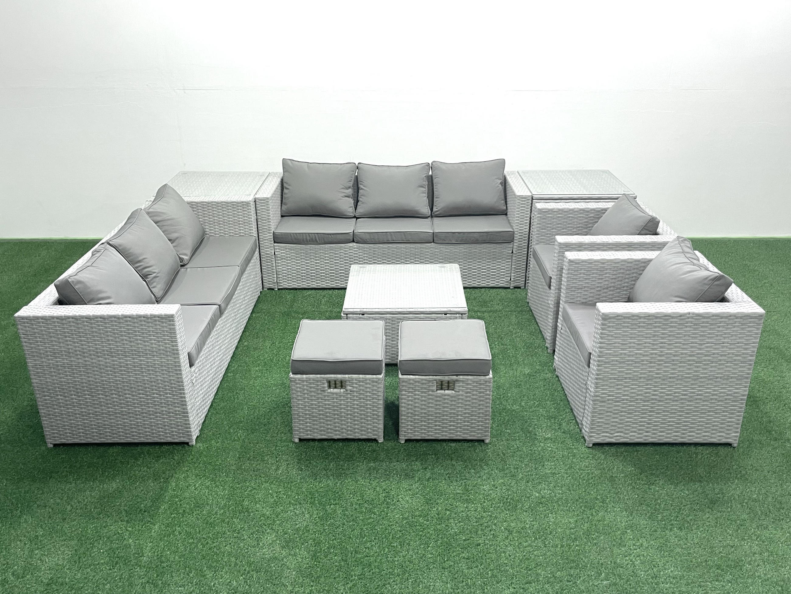 GARTENMÖBEL-SET mit Kissen Polyrattan Hellgrau-Mix 10-Sitzer - Hellgrau/Grau, Glas/Kunststoff - Fimous