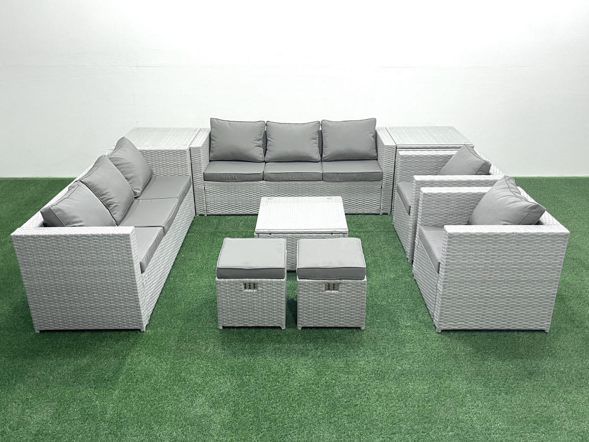 GARTENMÖBEL-SET mit Kissen Polyrattan Hellgrau-Mix 10-Sitzer - Hellgrau/Grau, Glas/Kunststoff - Fimous