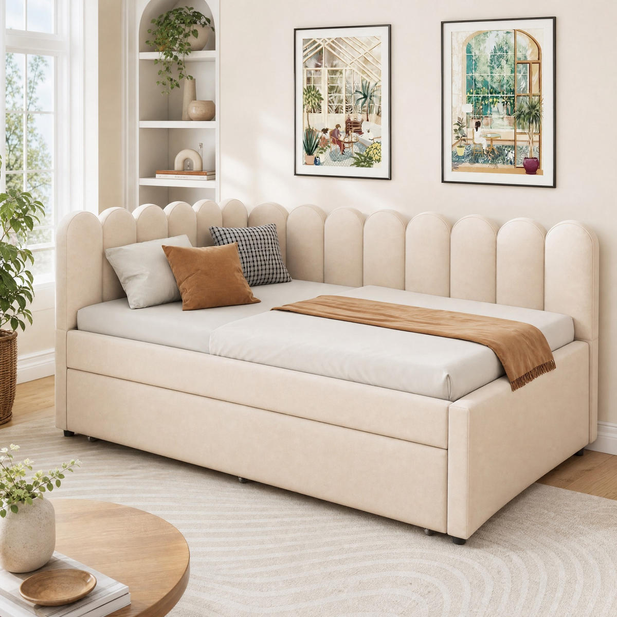 POLSTERBETT 140/200 mit Ausziehbett, L-Form und blütenförmiger Rückenlehne aus Samt in Beige - Beige, Holzwerkstoff/Textil (140/200cm) - EVRYAE