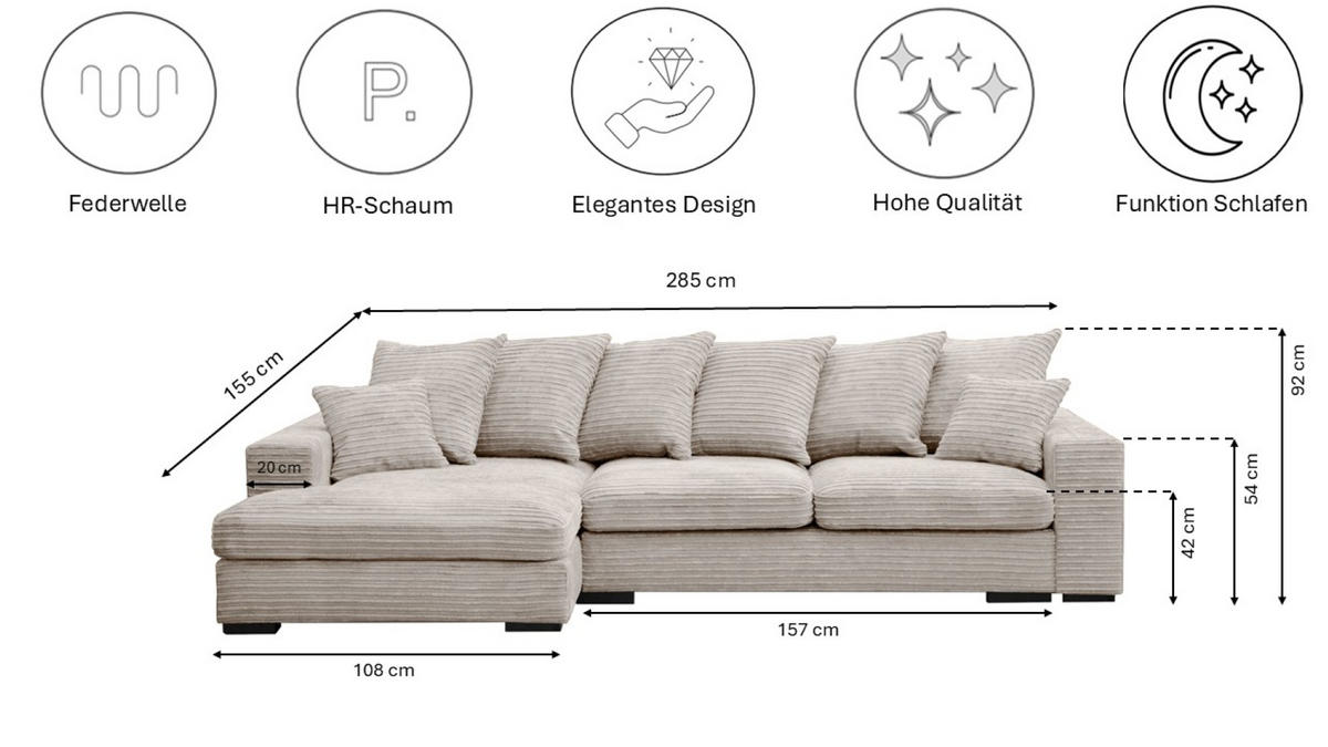 ECKSOFA Mit Schlaffunktion Und Bettkasten Couch L-form Gabon Stoff Zoom Perle Links - Ecru, Holz (155/285cm) - Kaiser Möbel