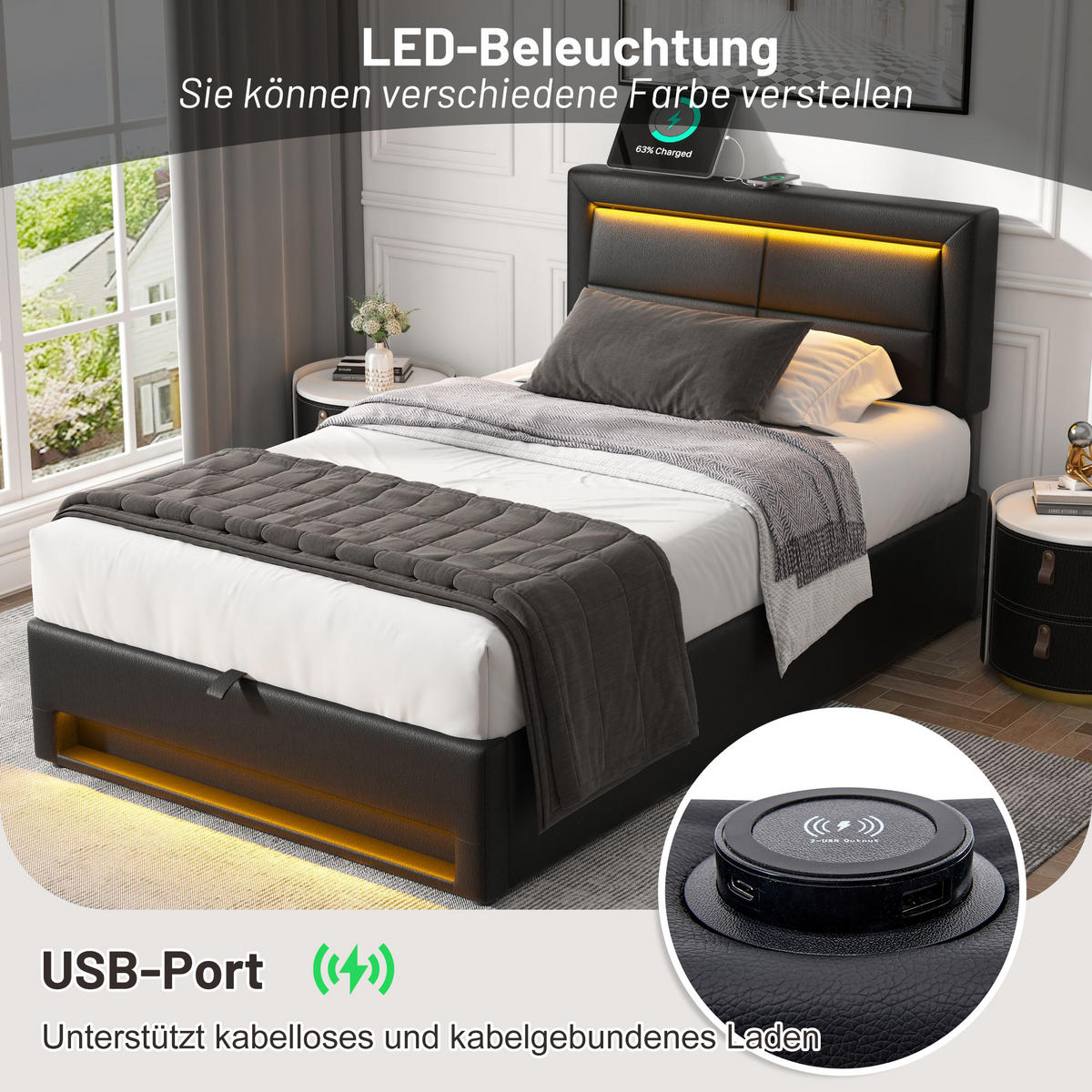 POLSTERBETT 90x200cm Schwarz PU Mit USB LED & Stauraum - Schwarz, Leder (90/200cm) - FLIEKS