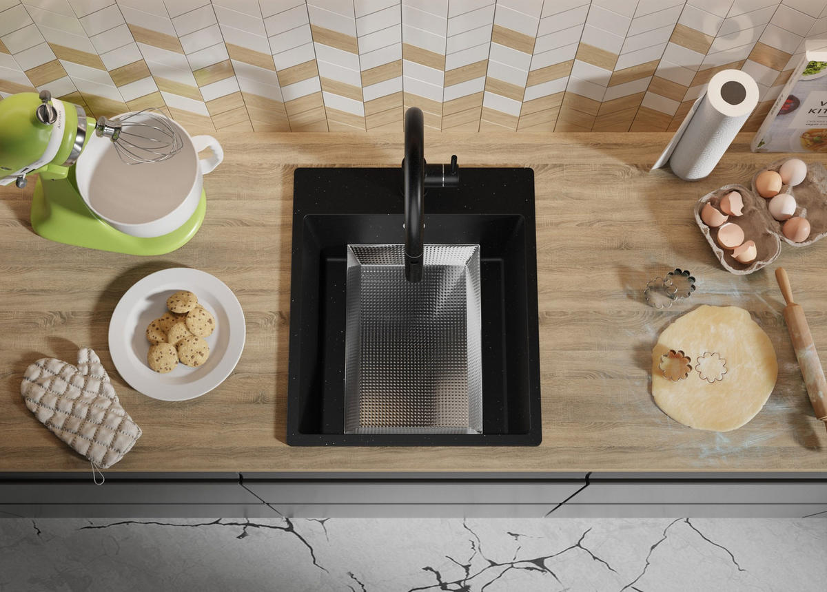 SPÜLBECKEN Riga, 2-er set Schwarz Metallic 43/50 cm 1 Becken + Ablauf-Set ab 45er Unterschrank - Chromfarben/Schwarz Hochglanz, Kunststoff (43/20/50cm) - Primagran