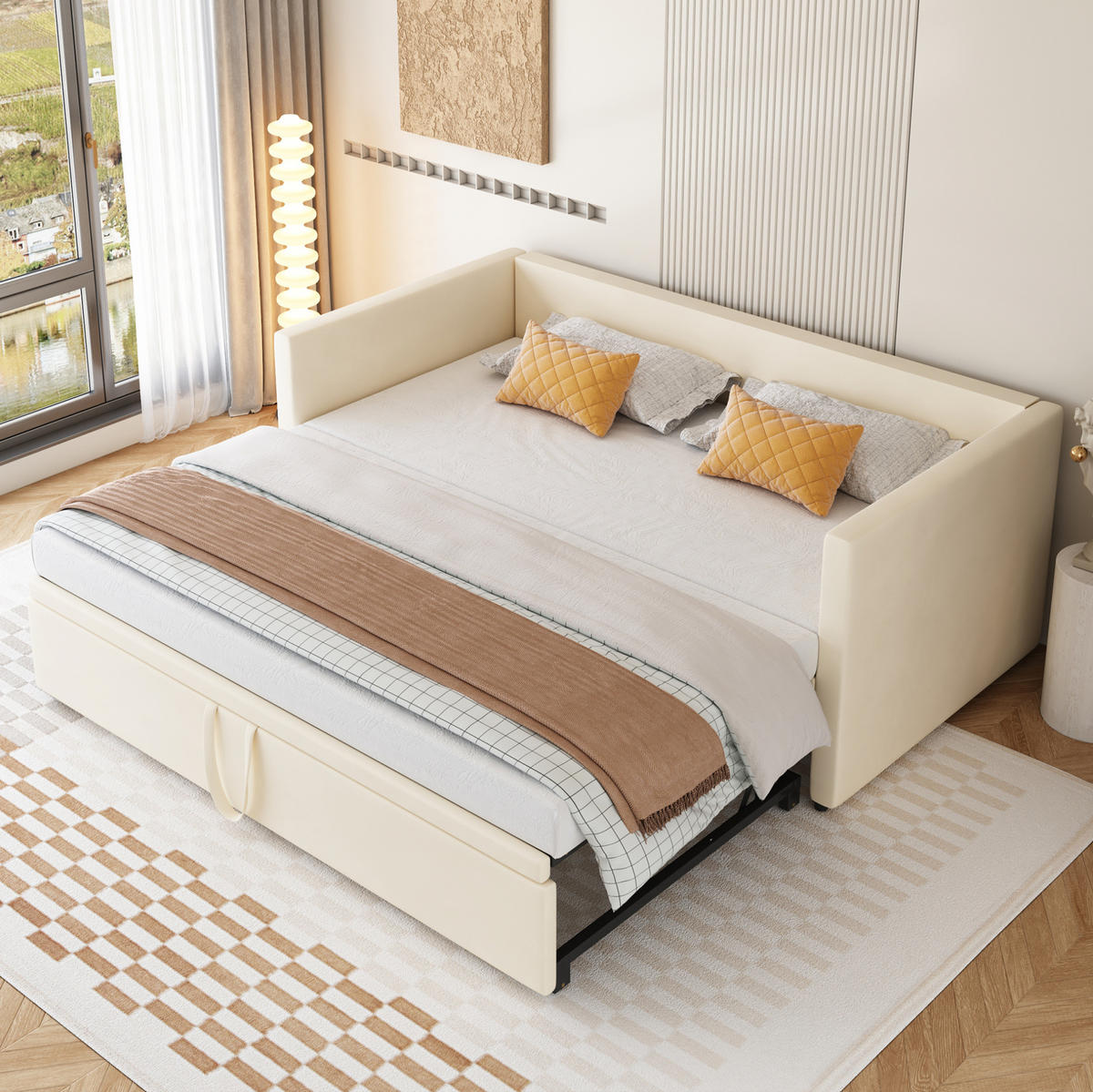 ČALÚNENÁ posteľ 90/200 cm s rozkladacím rámom, lamelovým roštom a podrúčkami, Béžová - béžová, koža (90/200cm) - Redom