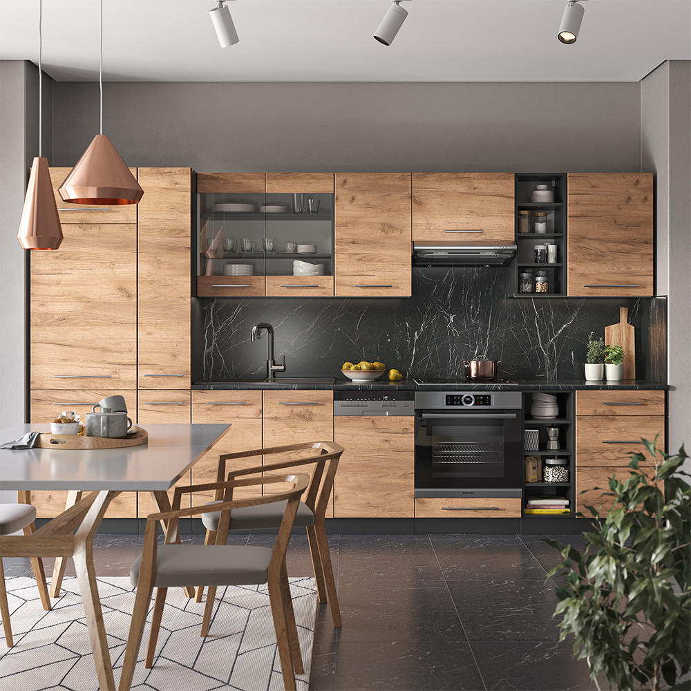 KÜCHENZEILE Fame-Line Goldkraft Eiche/Anthrazit 355 cm, AP Marmor - Anthrazit/Eiche Wotan, Holzwerkstoff (355/81.6/60cm) - Vicco