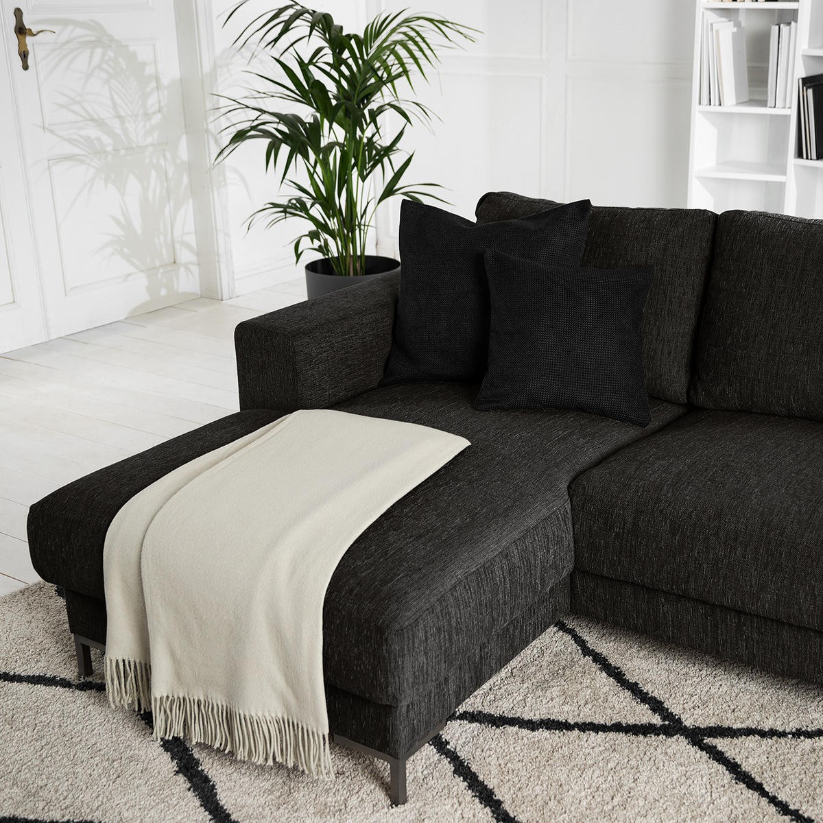 ECKSOFA mit Longchair - Silberfarben/Schwarz, Textil/Metall (236/147cm) - home24