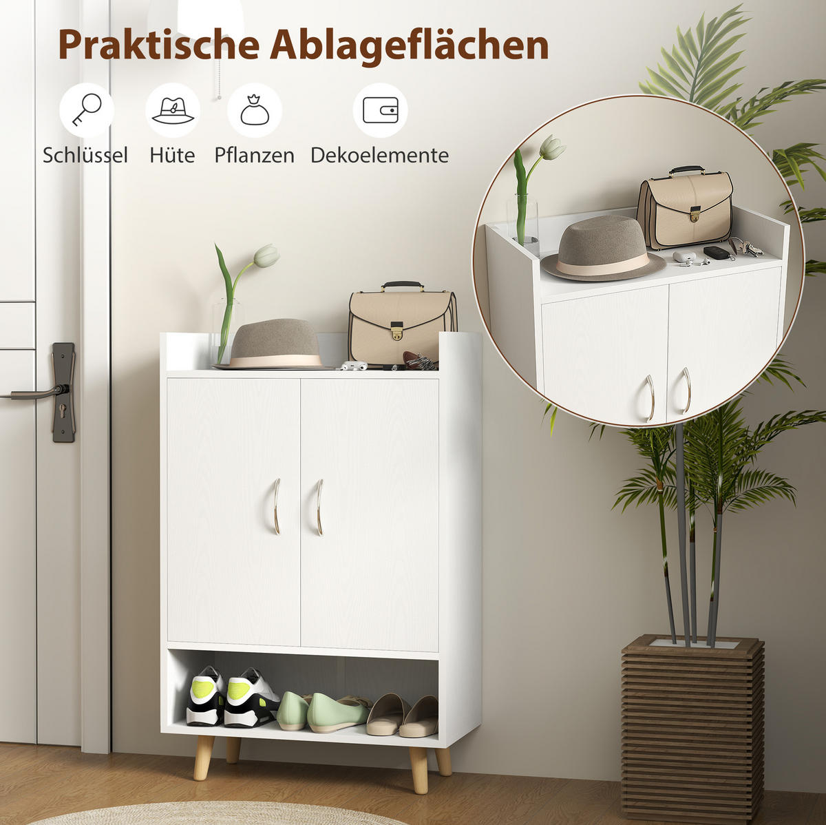 SCHUHSCHRANK 60/30/92 cm Weiß aus Holz mit Türen und 3 Einlegeböden - Weiß, Holzwerkstoff (60/92/30cm) - OKWISH