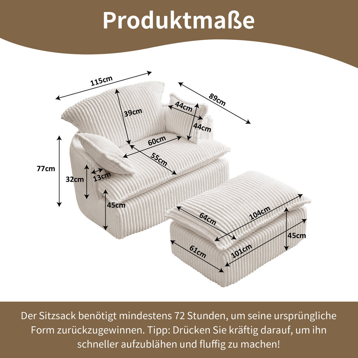 SESSEL DE-35257 mit Hocker Beige - Beige, Textil (89/77/115cm) - ComfortXL