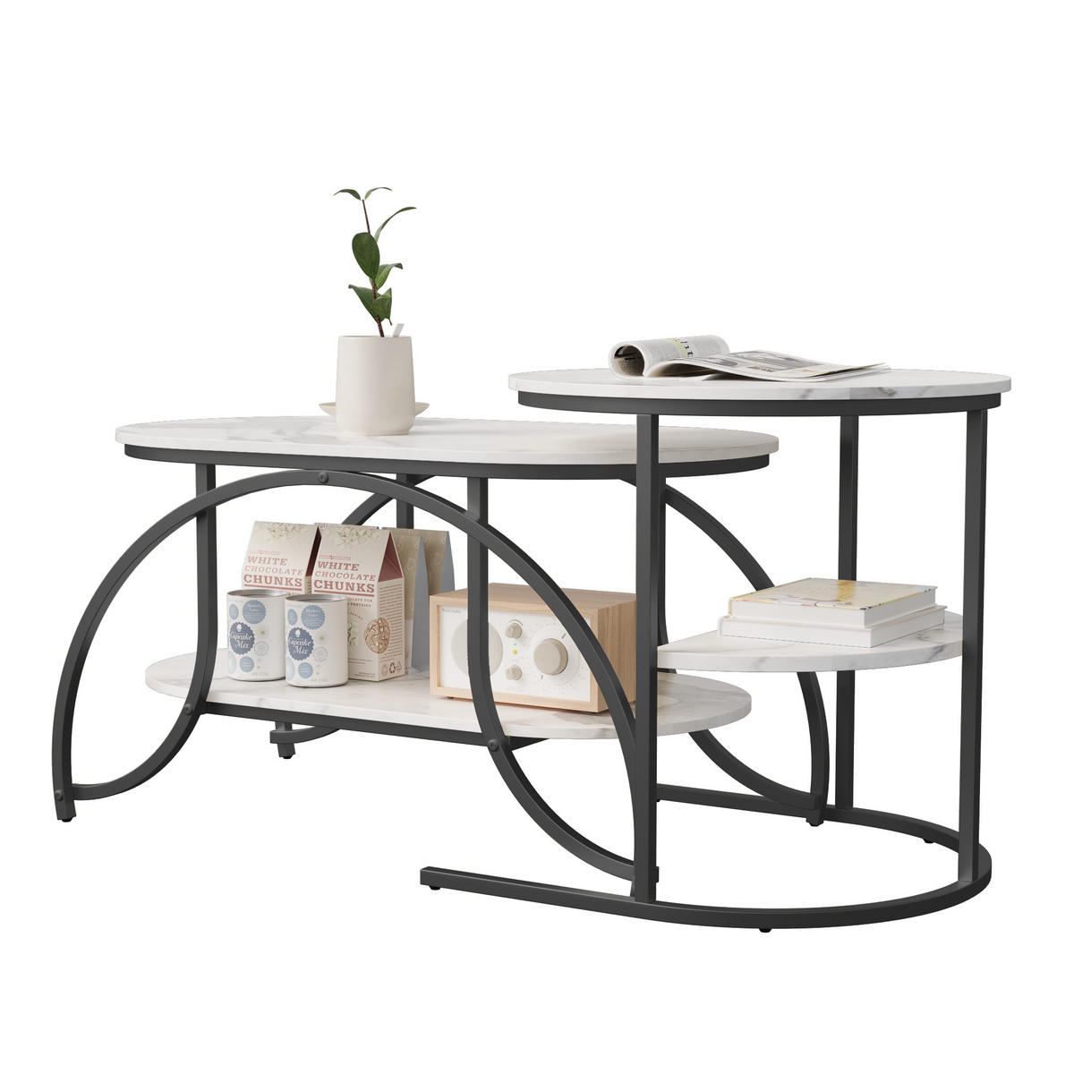 COUCHTISCH 2ER SET, Beistelltisch Marmor Optik, Weiß Silber - Schwarz, Metall (80/46/45cm)