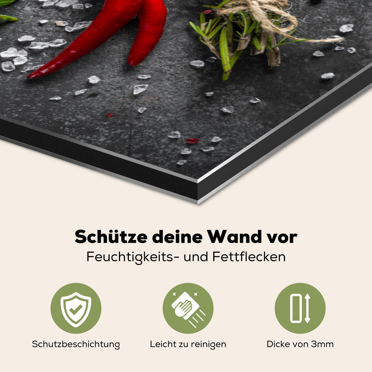 SPRITZSCHUTZ KÜCHE Pfeffer - Kräuter - Gewürze - Beton 60x40 cm - Rot, Metall (60/0.3/40cm) - MuchoWow