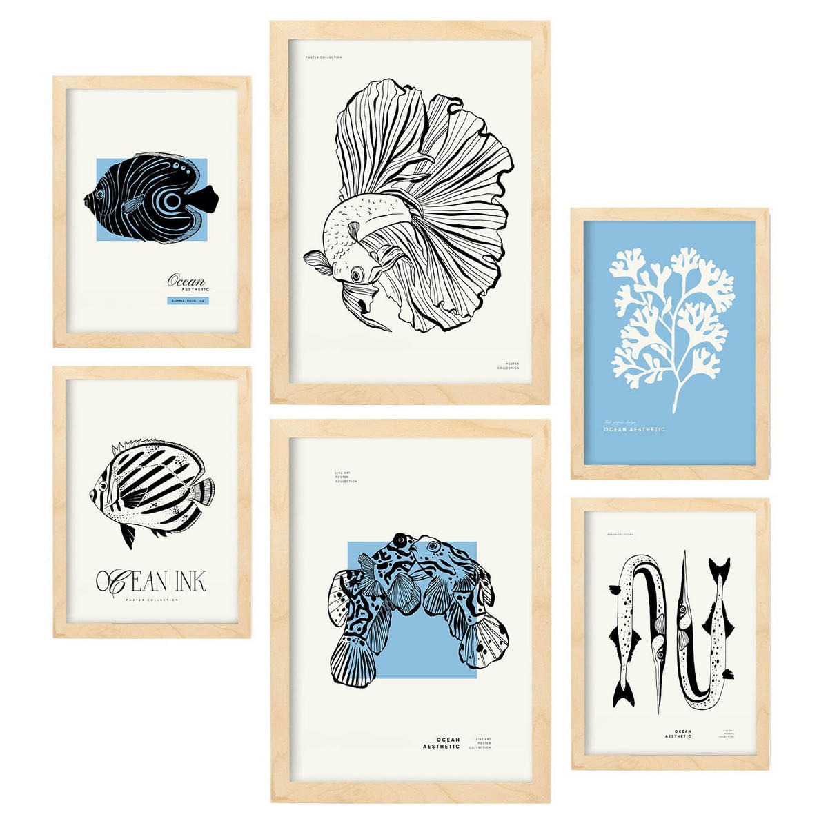 POSTER Set Mit 6 Schwarzer Tintenfisch Größe A3 & A4 Rahmen aus hellem Holz - Beige, Papier (29.7/1cm) - Nacnic