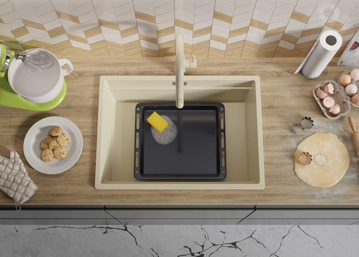 GRANITSPÜLE Praga Slim, 2-er set Beige 66/47 cm 1 Becken + Küchenarmatur 32/20 cm + Ablauf-Set + Aufrollbare Abtropffläche ab 70er Unterschrank - Chromfarben/Beige, Kunststoff (66/20/47cm) - Primagran