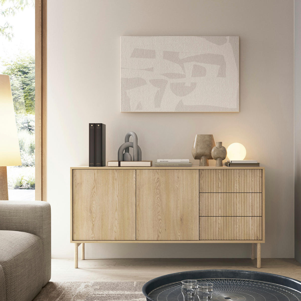 SIDEBOARD TAU KOM2 Reliefierte Fronten aus MDF-Platte Eiche Cremona Eiche Cremona - Eiche Bianco/Eichefarben, Glas/Holz (154/80/40cm) - Komodee