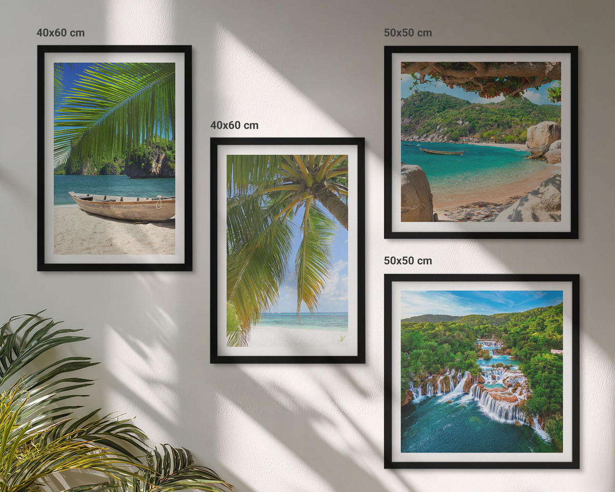 WANDBILDER 4er-Set - 50x50 cm & 40x60 cm Schwarzer Rahmen - Strand, Boot, Wasserfälle, Palmen - Schwarz, Kunststoff (50/50cm) - ArtPrintCave