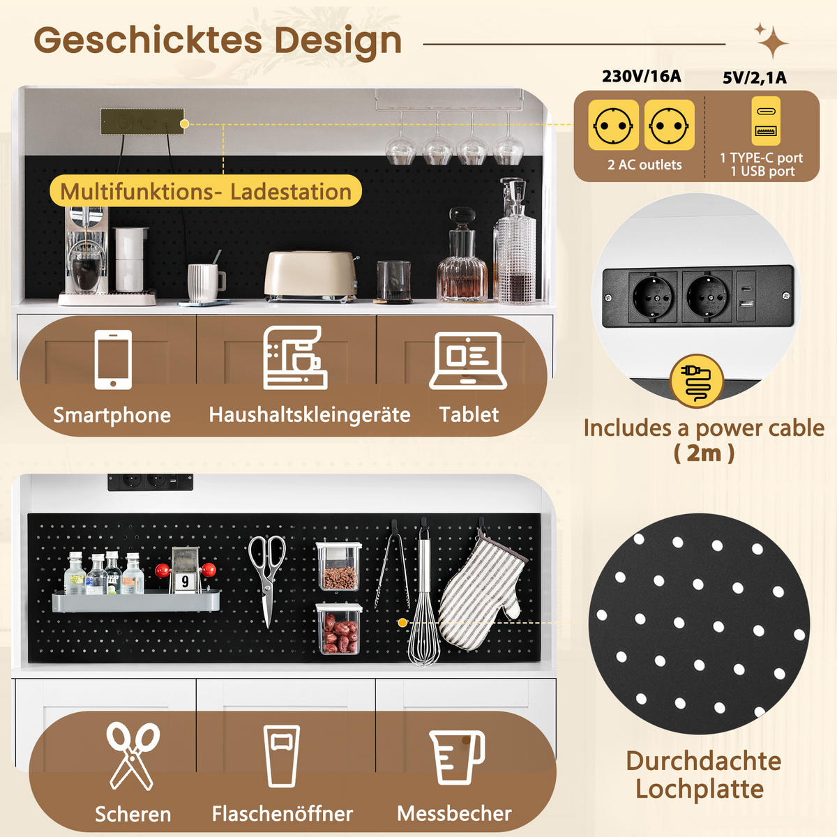 BUFFET 120/40/184 cm weiß aus MDF mit Steckdosen und Lochplatte - Weiß, Holzwerkstoff (120/184/40cm) - OKWISH