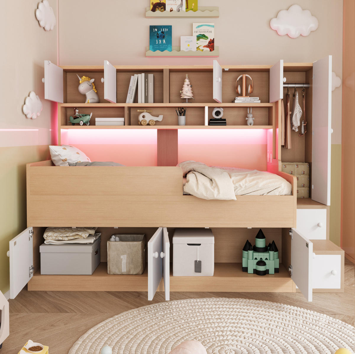 DĚTSKÁ postel 90/200 cm v barvě dřeva z MDF s úložným prostorem a LED osvětlením - barva dubu, kompozitní dřevo (90/200cm) - OKWISH
