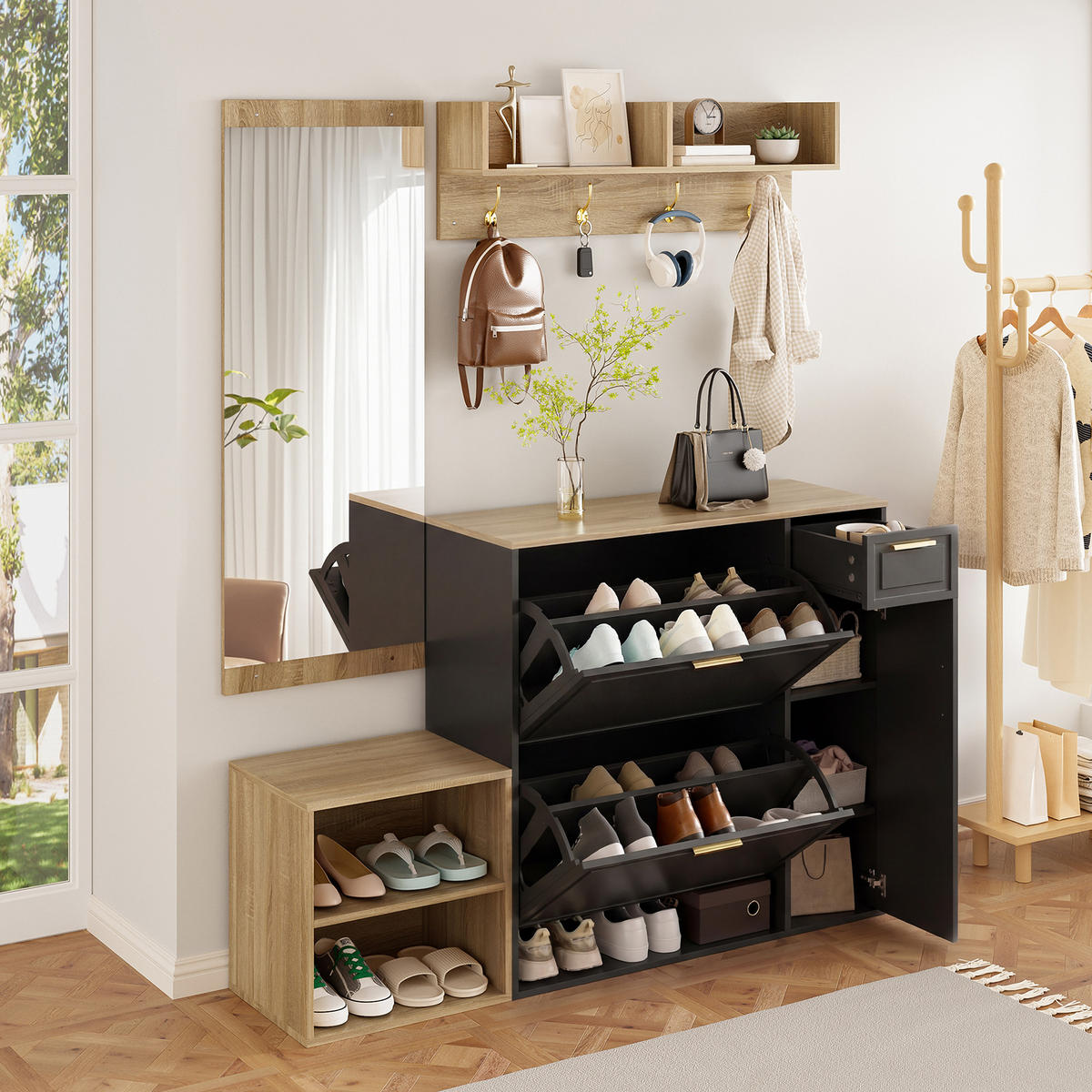 GARDEROBE Garderoben-Set Schuhschrank Sitzbank Wandgarderobe Spiegel platzsparend Farbe Neutral Größe Standard 4er Set - Schwarz, Holzwerkstoff (130/174/30cm) - EVRYAE