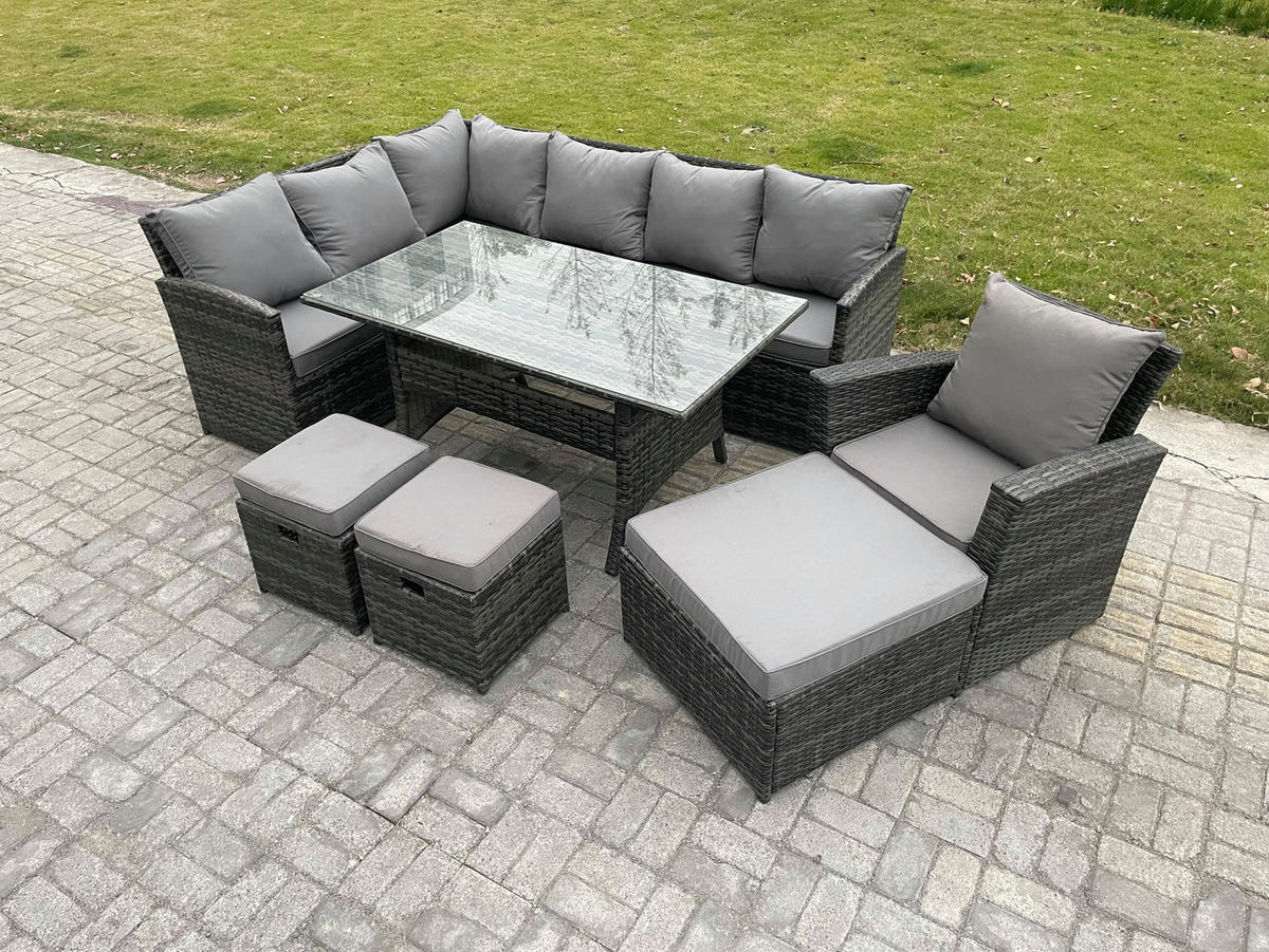 SITZGRUPPE mit Esstisch,3 Fußhocker,Stuhl Polyrattan Dunkelgrau 10-Sitzer - Dunkelgrau/Grau, Glas/Kunststoff - Fimous