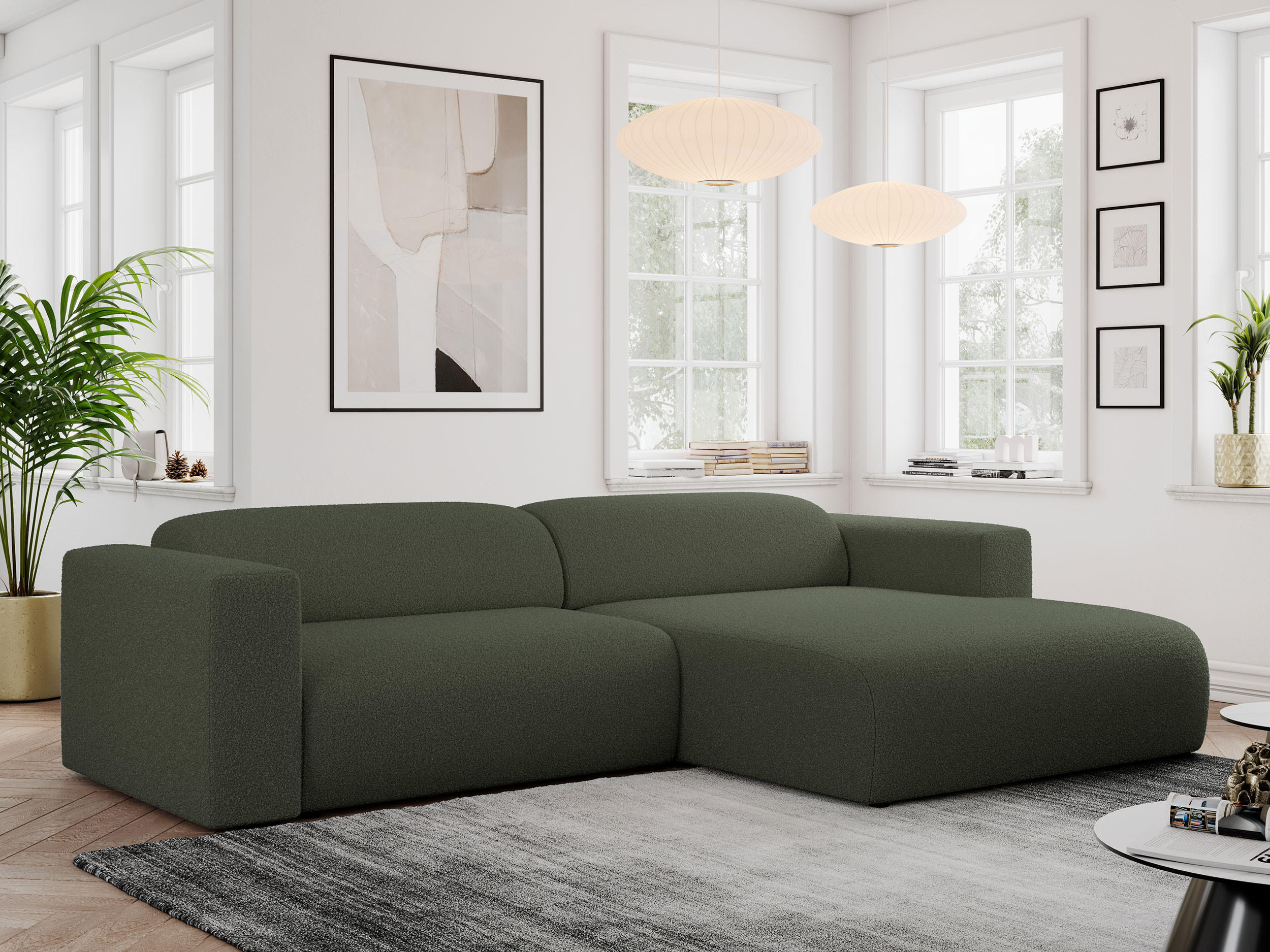 ECKSOFA PASADENA Grün Bouclé - Rechts Seite - Schwarz/Grün, Kunststoff/Textil (180/288cm) - MKS