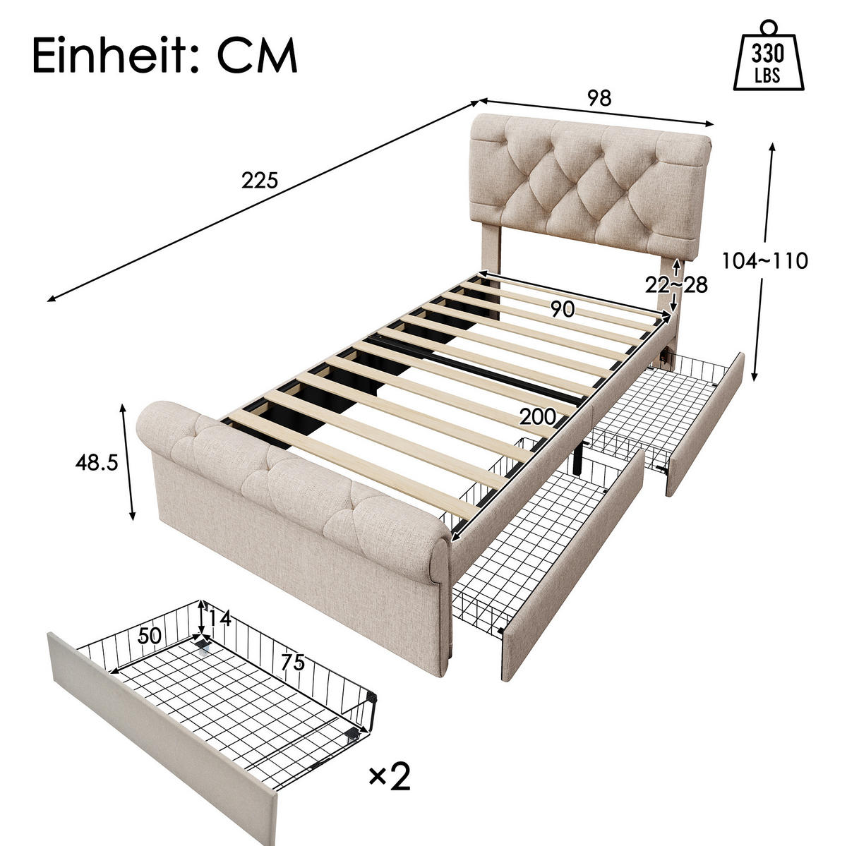 POLSTERBETT 90/200 cm mit 2 Schubladen und höhenverstellbarem Kopfteil - Naturfarben, Metall (90/200cm) - BEAOK