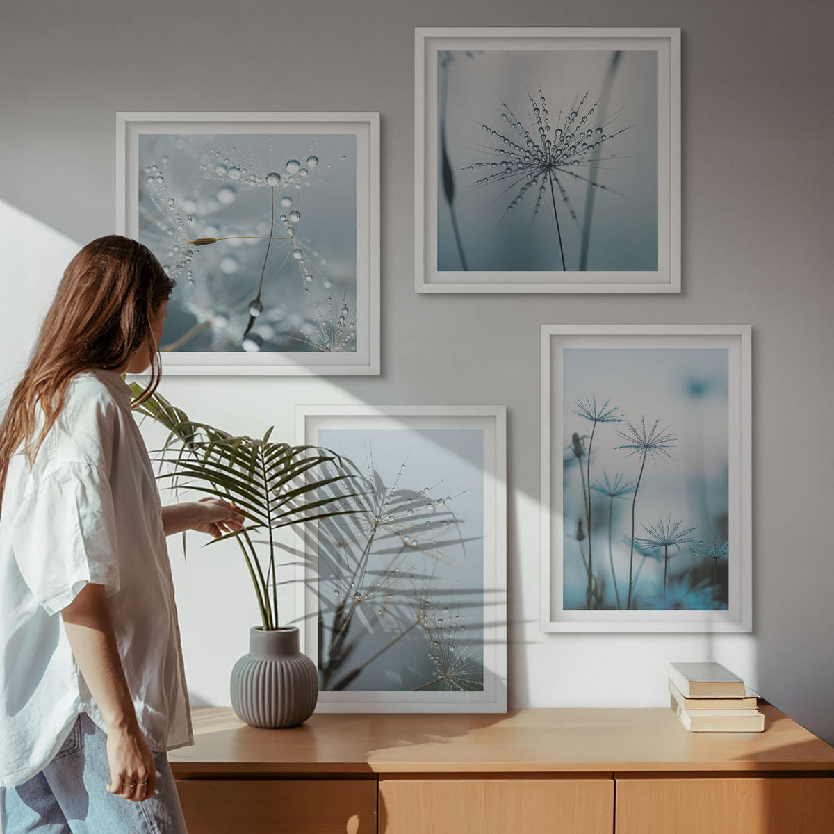 WANDBILDER 4er-Set - 50x50 cm & 40x60 cm Weißer Rahmen - Löwenzahn-Wassertropfen - Weiß, Kunststoff (50/50cm) - ArtPrintCave