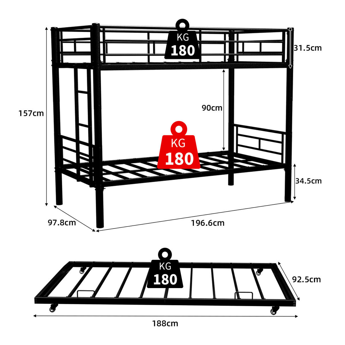 ETAGENBETT Twin over Twin Metall - Schwarz, Metall (92.5/188cm) - ComfortXL