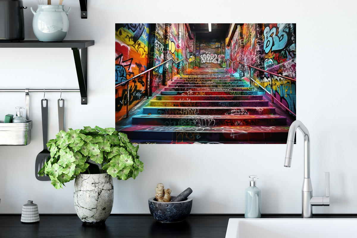 WANDTATTOO Treppe - Graffiti - Farben - Kunst 60x40 cm - Multicolor, Kunststoff (60/40/0.1cm) - MuchoWow