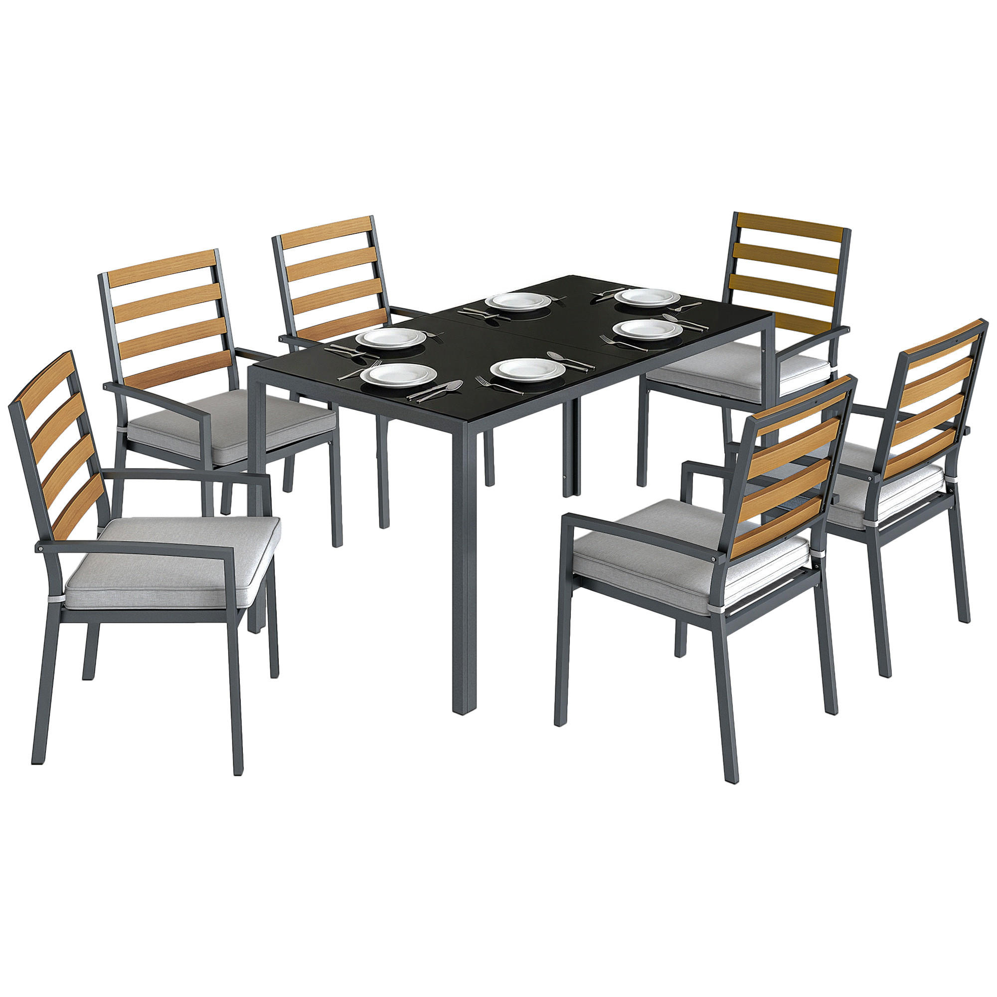 GARTEN-ESSSET 7-teilig,Tisch+Stühle für 6 Personen,schwarz - Grau, Metall - Vallsero
