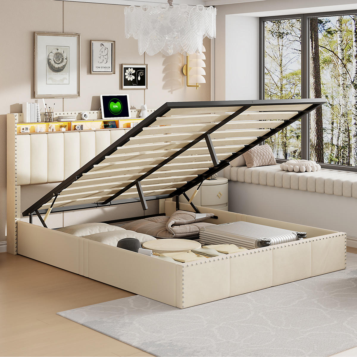 POLSTERBETT 140x200 cm LED Stauraum Kopfteil Lattenrost Samt beige - Beige, Holz (140/200cm) - LEBENLANG