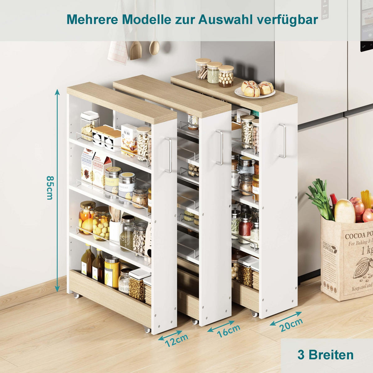 KÜCHENSCHRANK16 CM SCHMAL Küchenwagen auf Rollen, 55/16/85 cm, MDF, Weiß mit Holzoptik, MIT 4 VERSTELLBAREN REGALBÖDEN, für Küche und Bad - Weiß, Holzwerkstoff (16/85/55cm) - Rolipo