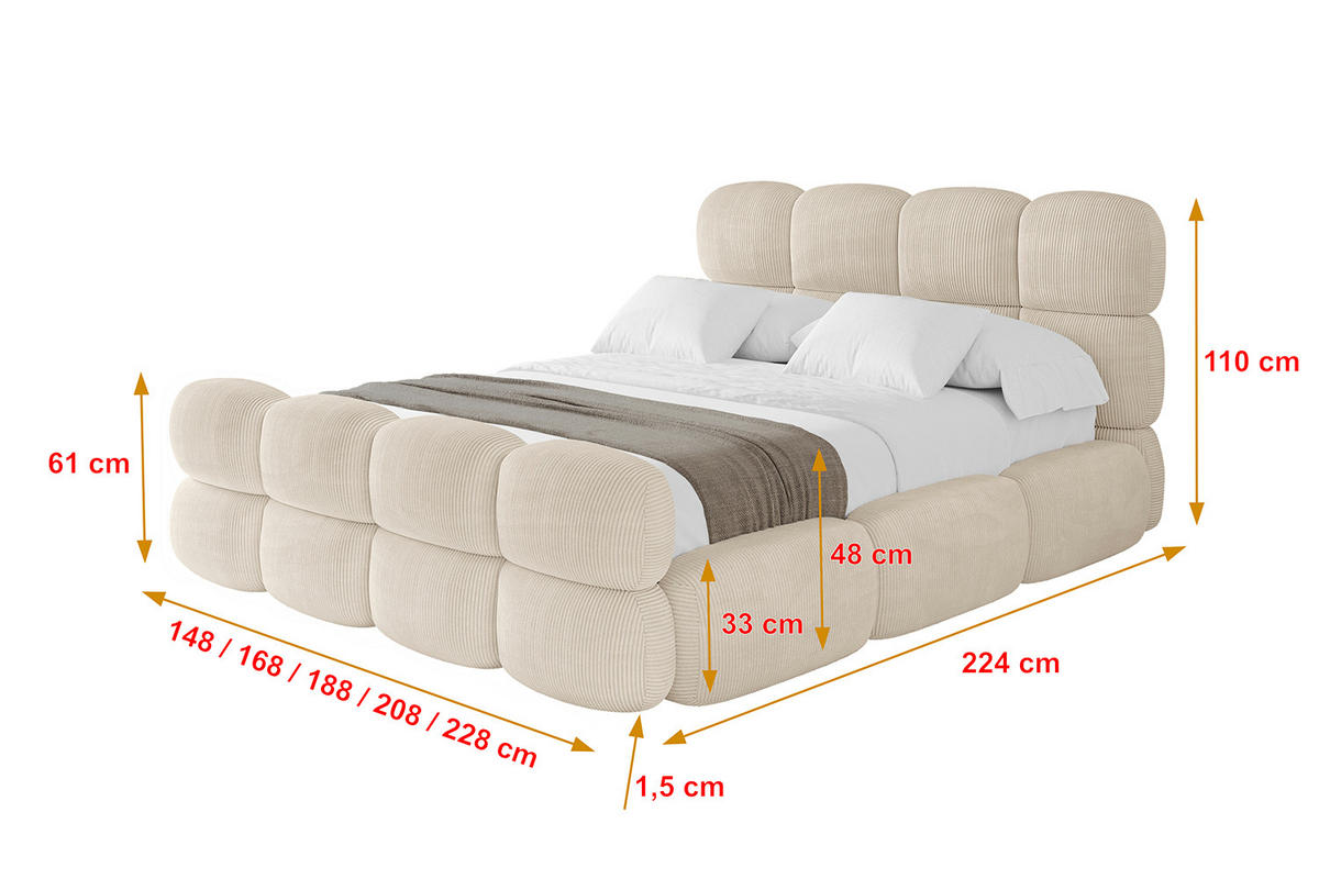 POLSTERBETT mit Bettkasten, Fußteil und Lattenrost, Bett mit Matratze H3/H4 - NOMA-Z 200x200 Beige - Creme, Holzwerkstoff/Textil (200/200cm) - ALTDECOR