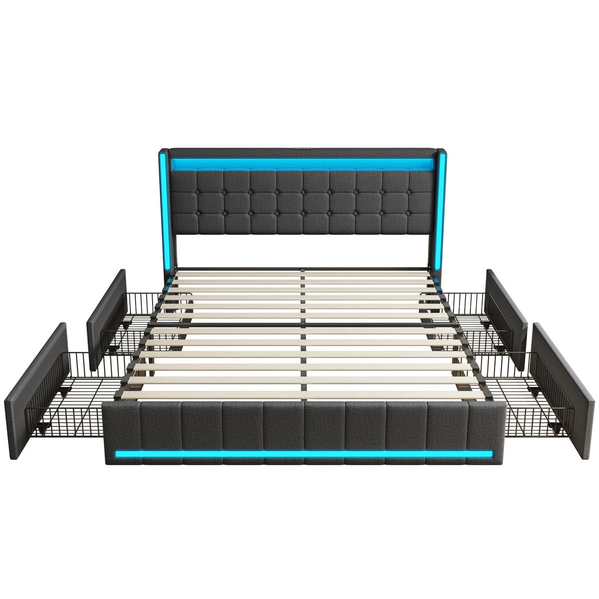 POLSTERBETT 140x200 cm Lumina Smart mit 3-Zonen RGB-LED, USB & USB-C, 4 Schubladen, Leinen-Optik, Dunkelgrau - Grau, Textil (140/200cm) - DELFA