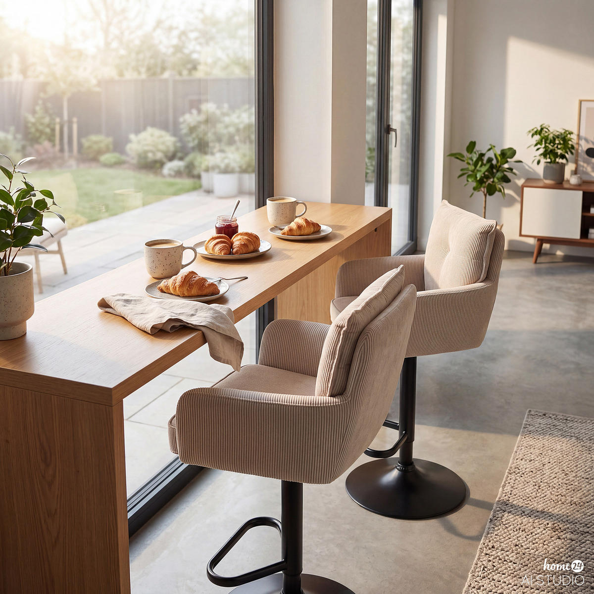 BARSTUHL - 2er-Set - Höhenverstellbar - Cord / Eisen - Cappuccino, Textil/Metall (54/98/58cm) - home24