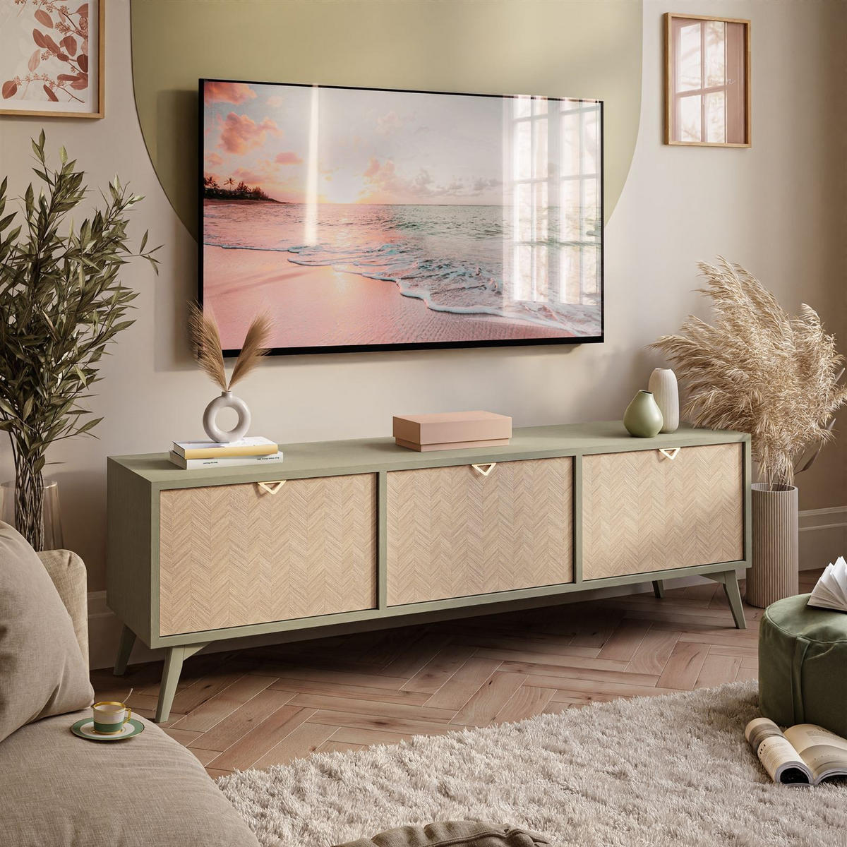 TV Element ALOE Fischgrätenmuster Scandi Eukalyptus - Eukalyptusholzfarben, Holzwerkstoff (158/52/38cm) - Lookway