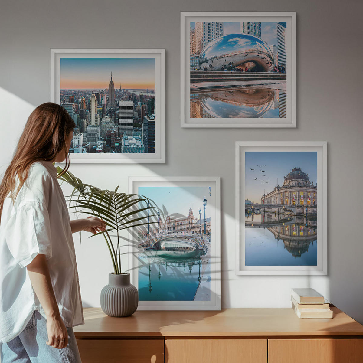 BILDER SET 4er Set - 50x50 cm & 40x60 cm Weißer Rahmen - Architektur von Städten am Wasser - Weiß, Kunststoff (50/50cm) - TULUP