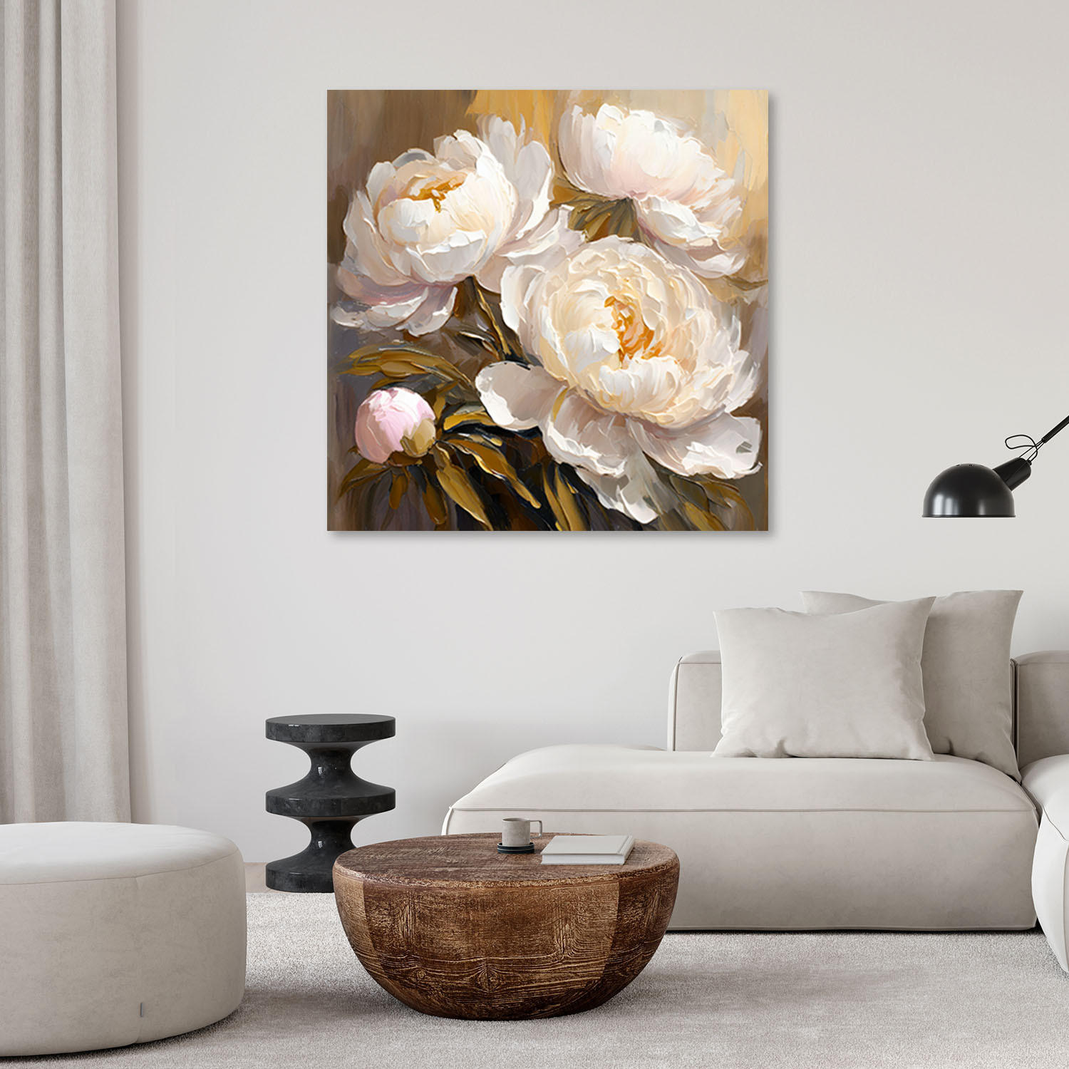 LEINWANDBILD an der Wand Pfingstrosen handgemalt 30x30cm - Beige, Textil (30/30cm) - Feeby