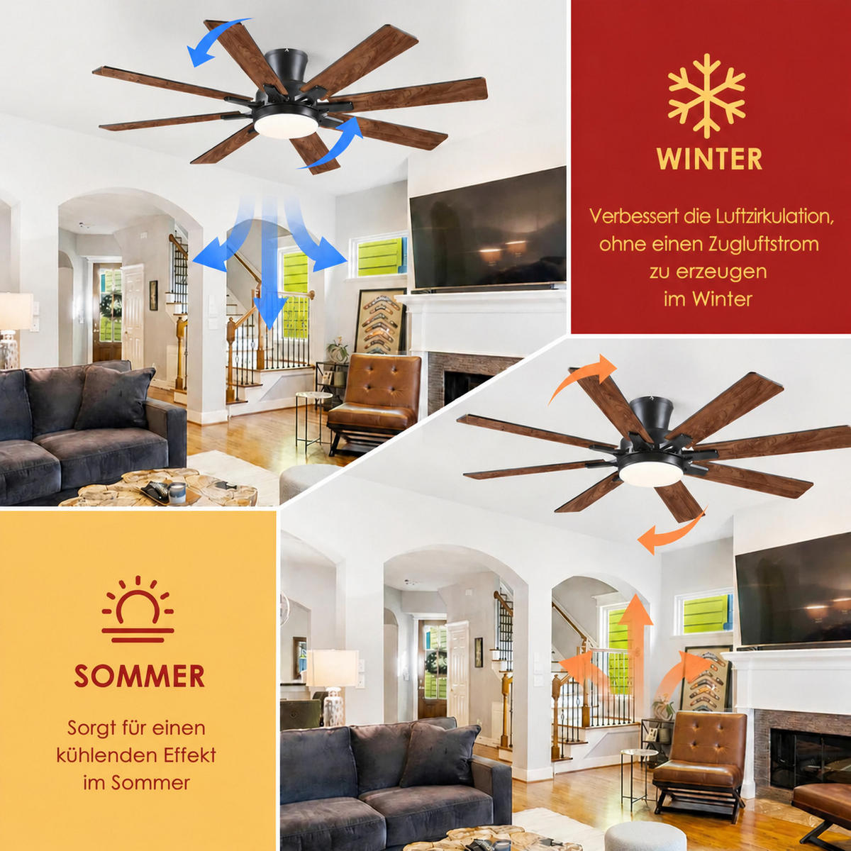 DECKENVENTILATOR Braun 132 cm mit 8 Flügeln, LED und leisem DC-Motor - Braun, Metall (132/132/27cm) - Surtime