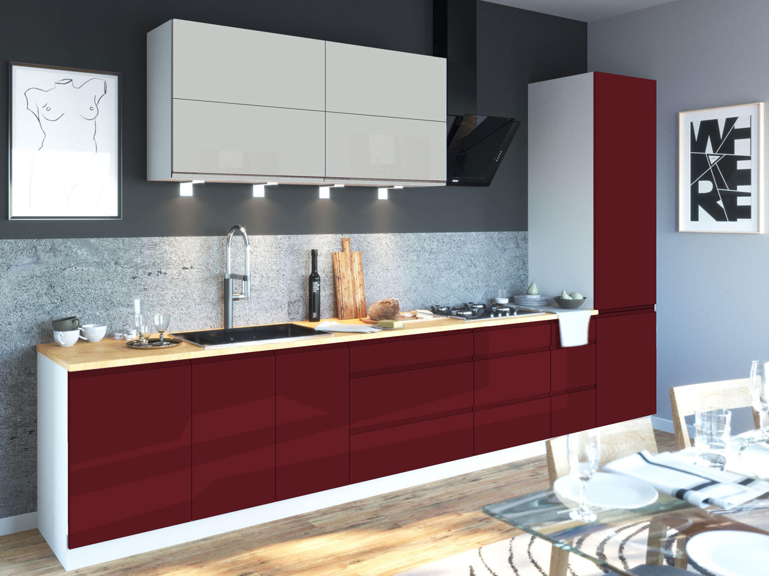 KÜCHENZEILE Florence 8-teilig Lichtgrau / Weinrot 392 / 59 / 207 cm - Rot/Grau, Holzwerkstoff (392/207/59cm) - Feldmann-Wohnen