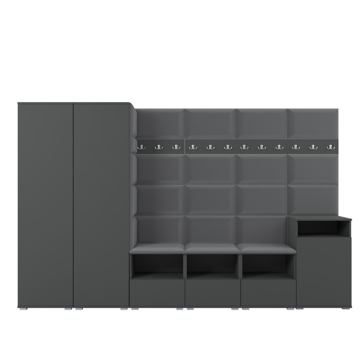 GARDEROBE NELA XII 300 cm (Modulare Flurmöbel Graphit mit Sitzpolster Dunkelgrau 15 Gigantisches Set) - Dunkelgrau/Silberfarben, Holz/Holzwerkstoff (300/187/40cm) - Ravio