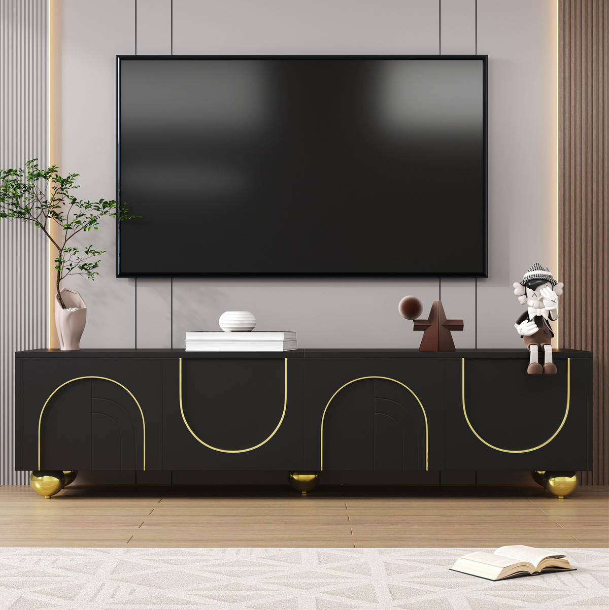TV-LOWBOARD aus Spanplatte 170x38x44 cm Schwarz mit Push-to-Open, gedämpften Scharnieren und 4 Türen - Schwarz, Holzwerkstoff (170/44/38cm) - Modfu