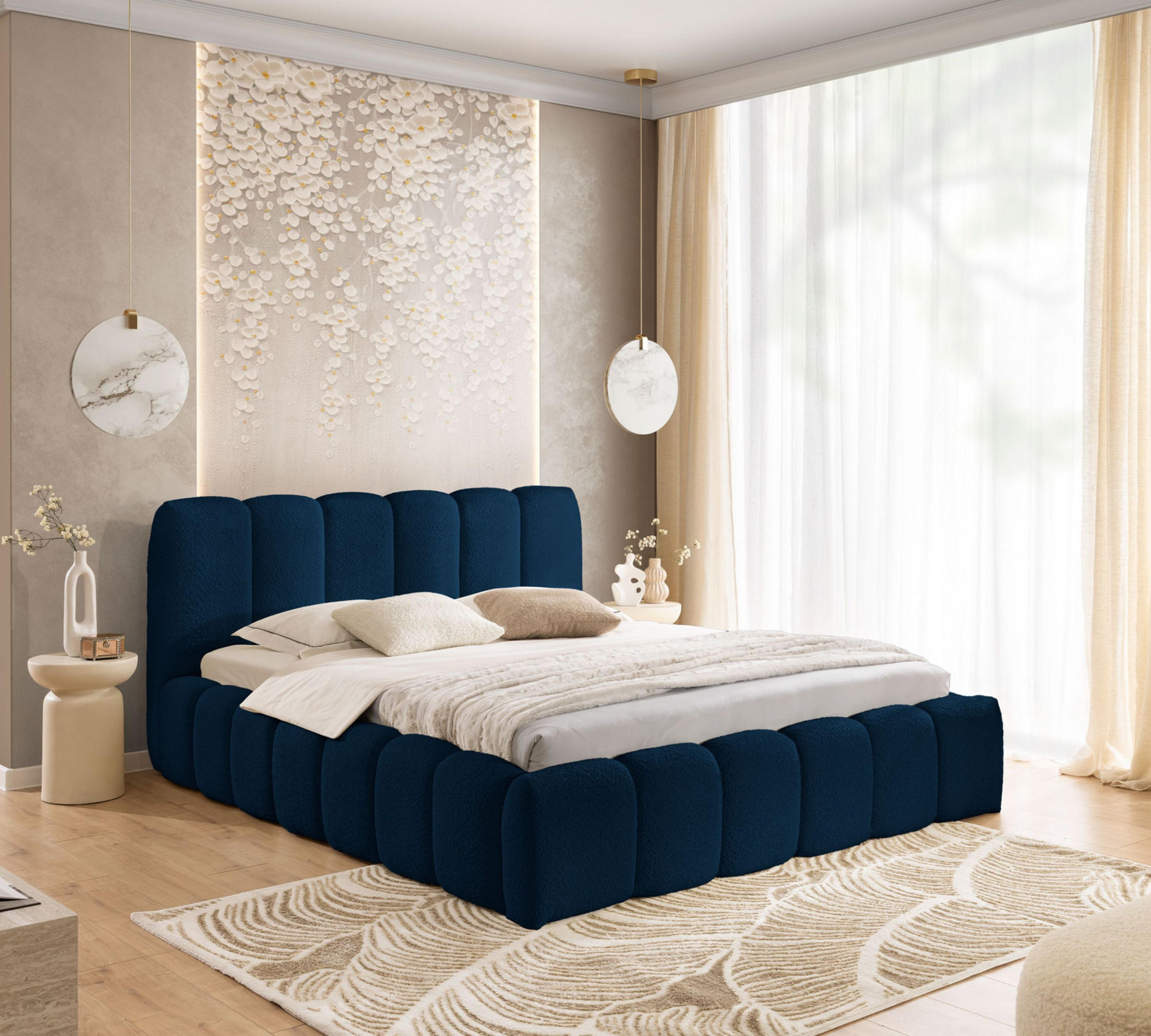 POLSTERBETT MIA mit Bettkasten 160x200,Bubble Bett,Doppelbett mit Stauraum,Lattenrost,Boxspringbett-Optik,ohne Matratze-Dunkelblau - Dunkelblau, Holz (160/200cm) - Furnistar
